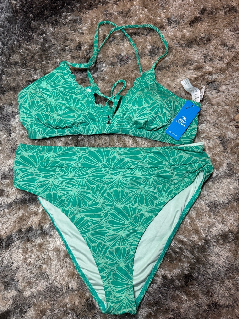 Cupshe Teal Green Floral Lace-Up Bikini Set
